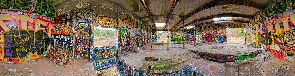 A 360-degree panoramic image captured inside the abandoned Port Blakely Mill Company Generator Building. Image by Gregg M. Erickson