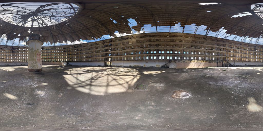 A 360-degree spherical panoramic image captured inside one of the cell blocks at Presidio Modelo in Cuba. Photo by: Thomas Sampité