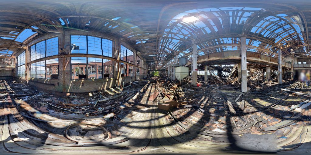 A 360-degree panoramic image at the abandoned Remington Arms Munitions Factory in the heart of Bridgeport, Connecticut. Image by: Ethan