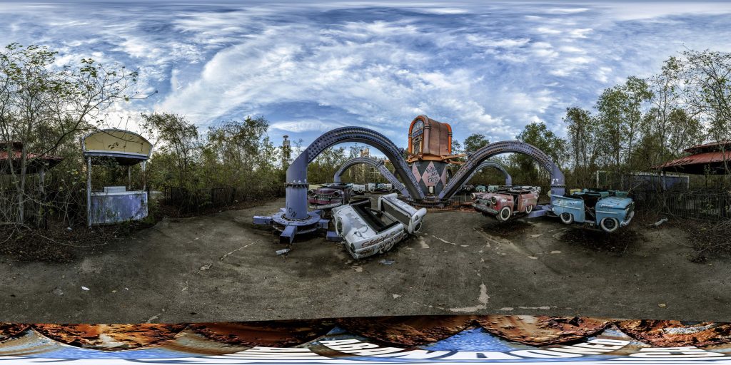 A 360-degree panoramic image captured by Abandoned America inside the abandoned Six Flags New Orleans in Louisiana. 