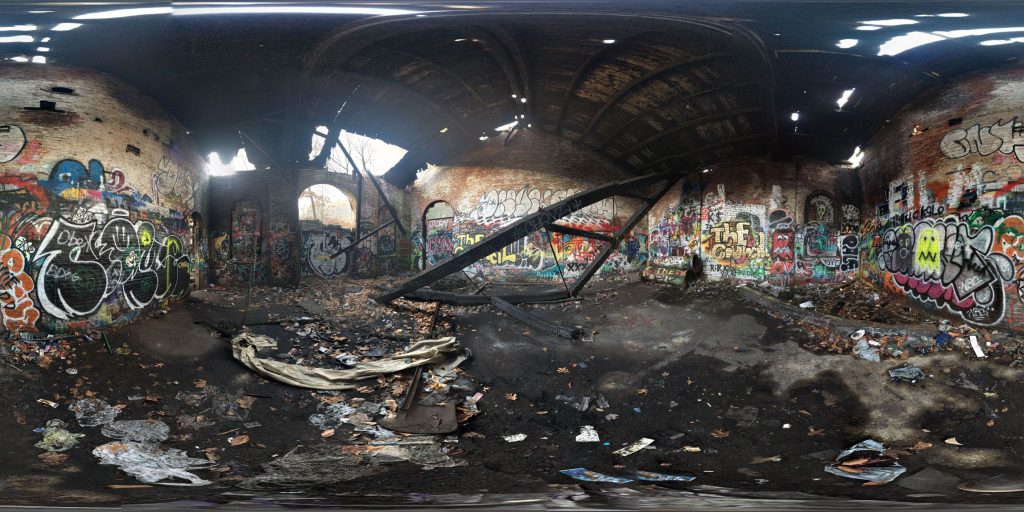 A 360-degree panoramic image inside the abandoned South Mountain Factory in New Jersey. Image by: Ethan