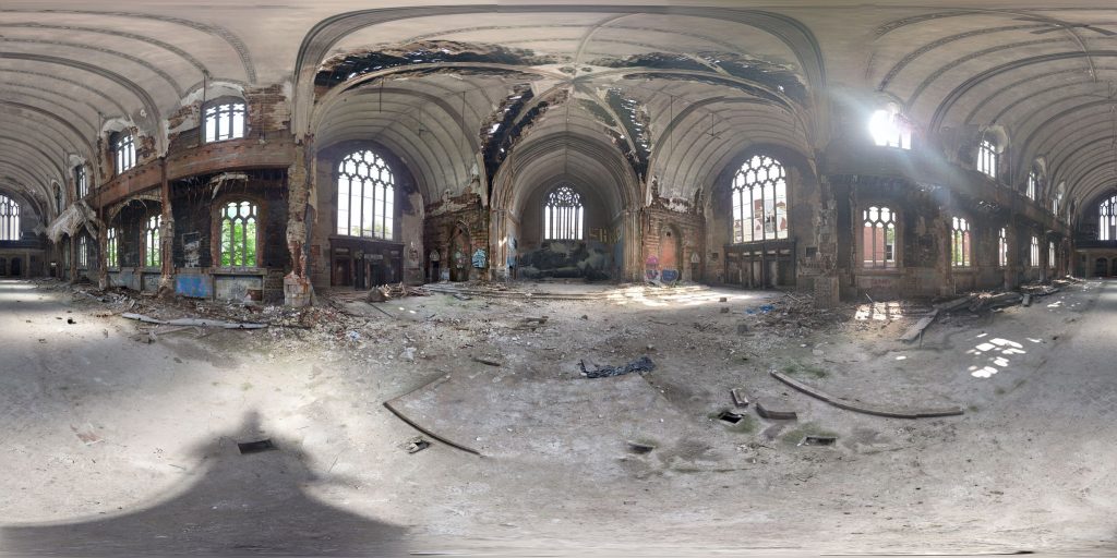 A 360-degree panoramic image captured inside the abandoned St. Agnes Church and School in Detroit, Michigan. Image by: Albert Duce