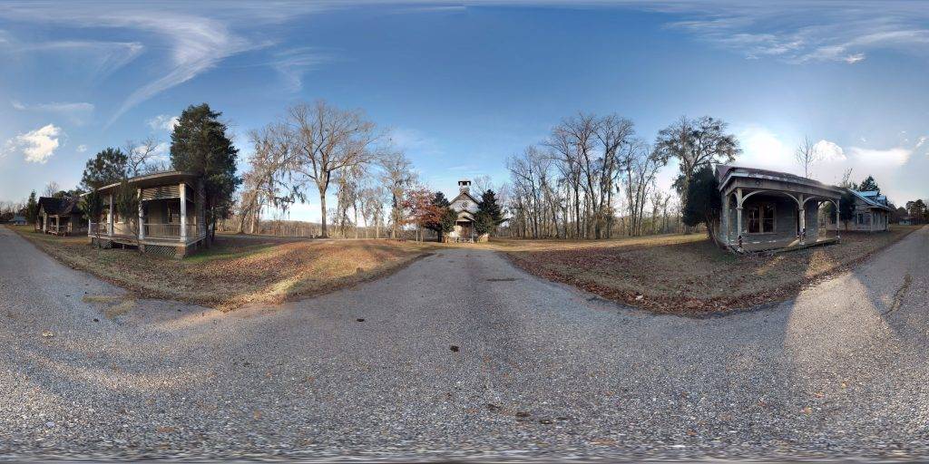 A 360-degree panoramic image in an equirectangular projection at the Town of Spectre in Alabama. Image by Ray Velez
