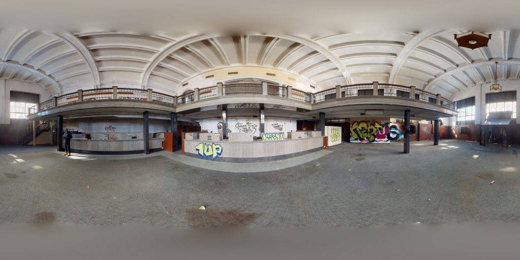 A 360-degree panoramic image captured inside the abandoned Union Trust Bank Company Building in East St Louis, IL. Image by lorenzo savage