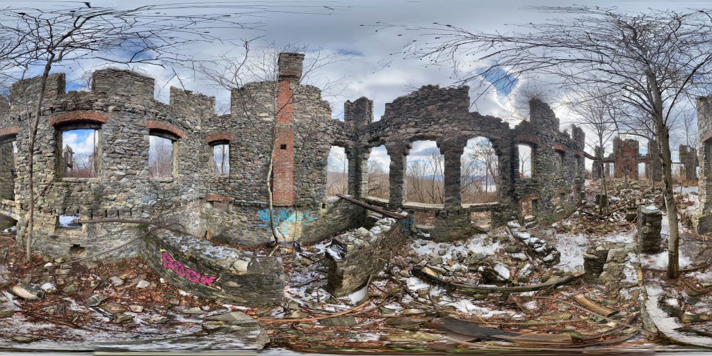 A 360-degree panoramic image captured at the Van Slyke Castle Ruins in the mountains of New Jersey. Image by: Ethan