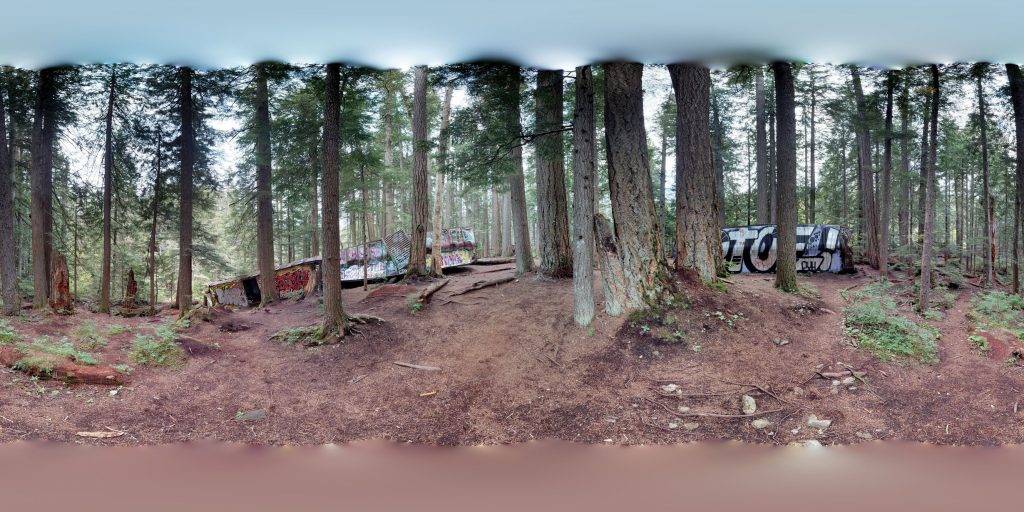 A 360-degree panoramic image captured at the Whistler Train Wreck in Whistler, British Columbia, Canada. Image by Francis Chiasson.