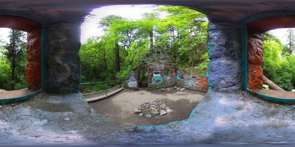 A 360-degree panoramic image captured at the Witch's Castle in Portland Oregon. Image by Carl. 