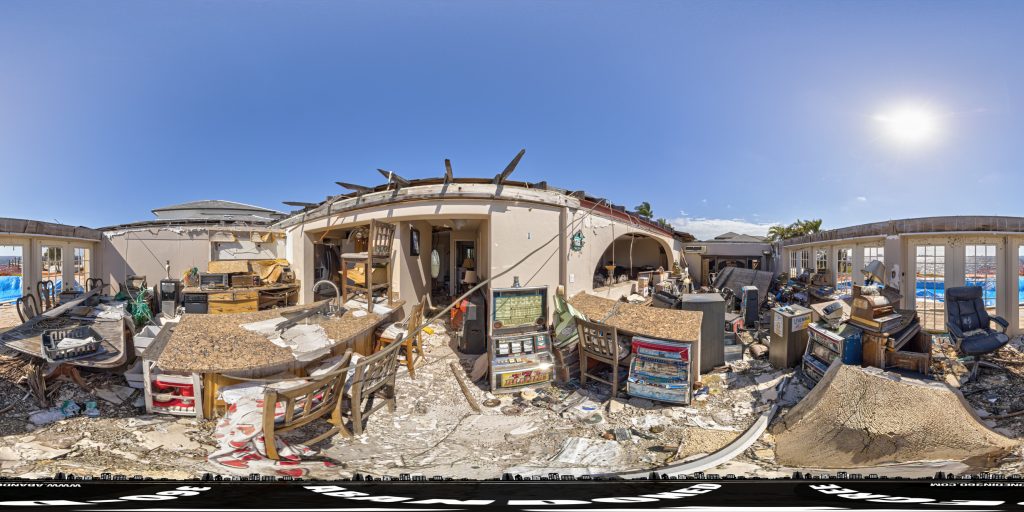 A 360-degree panoramic image inside an abandoned house near Cape Coral, Florida that was damaged beyond repair by Hurricane Ian. Image by the Abandonedin360.com Team