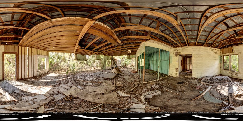 A 360-degree panoramic image inside an abandoned house in Palmdale, Florida.
