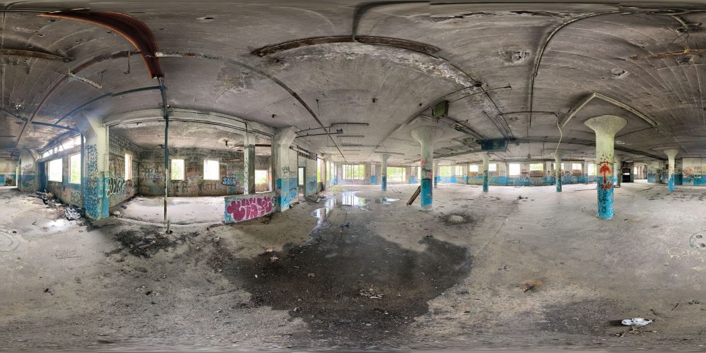 A 360-degree panoramic image captured inside the abandoned Chemco Building in Bellows Falls, Vermont. Image by: Ethan