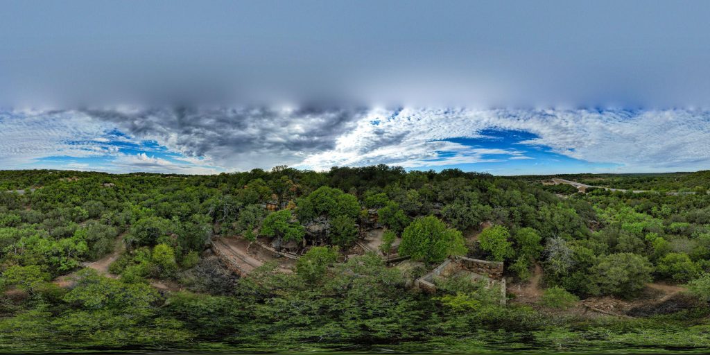 An aerial 360-degree panoramic image captured above the abandoned Cisco Zoo in Texas. Image by: Dwayne Dove