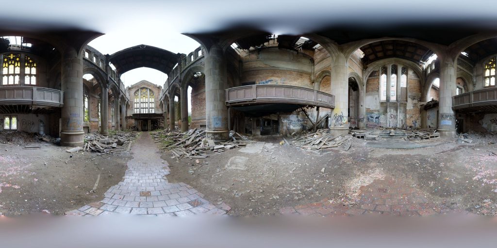 A 360-degree panoramic image captured inside the abandoned City Methodist Church in Gary, Indiana. Image by: Elements of Media