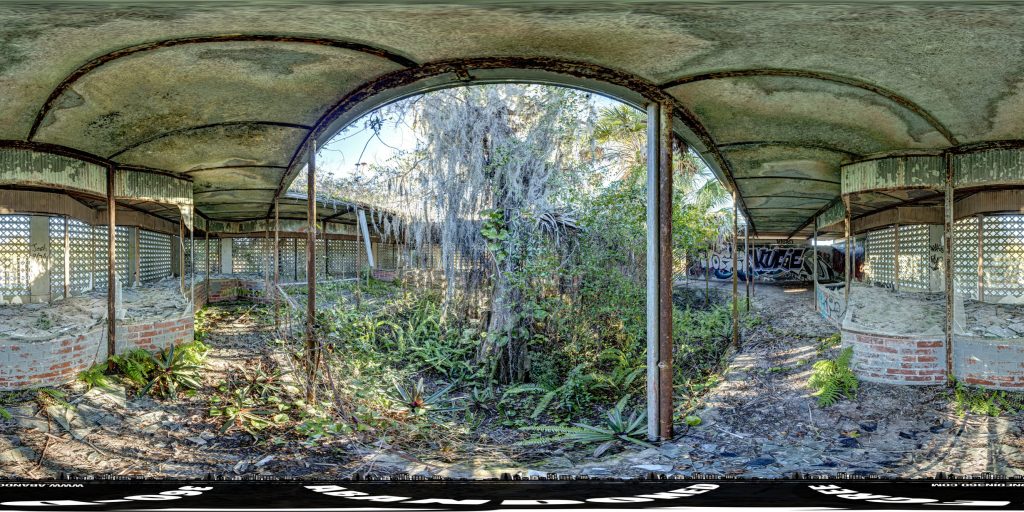 A 360-degree panoramic image inside the abandoned Cypress Knee Museum in Florida.