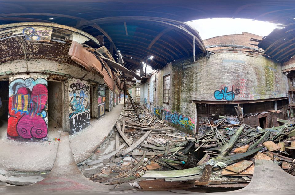 A 360-degree panoramic image captured inside the abandoned Essex County Jail in Newark, New Jersey. Image by: Ethan