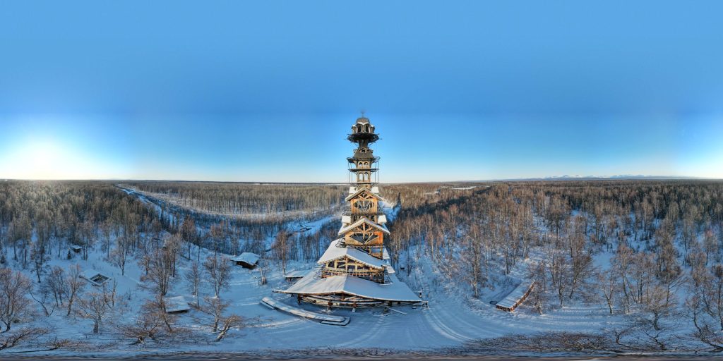 A 360-degree aerial panoramic image capturing the Goose Creek Dr. Seuss Tower in Alaska. Image by: Melissa Billups