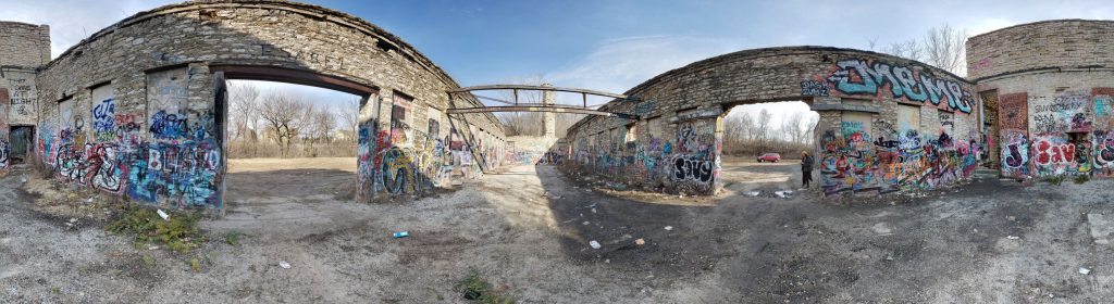 A 360-degree panoramic image captured inside the abandoned Kansas City Workhouse. Image by Benjamin White