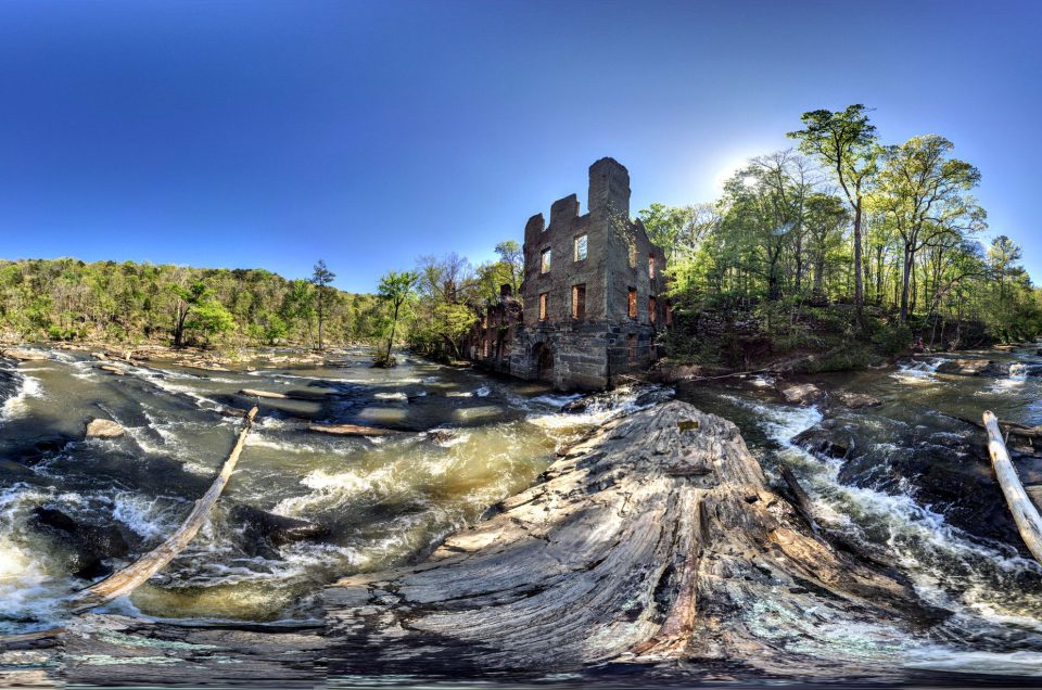 A 360-degree panoramic image captured at the abandoned New Manchester Mill in Lithia Springs, GA. Image by: Champ1964