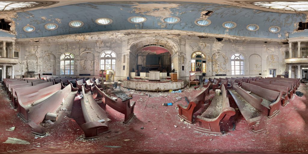 A 360-degree panoramic image captured inside the abandoned Pilgrim United Church of Christ in the Bronx, New York. Image by: Ethan