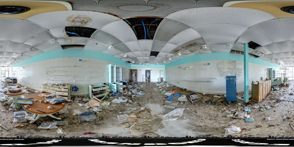 A 360-degree panoramic image captured inside the abandoned $10 jewelry store in Iona, Florida. Image by the Abandonedin360.com Team