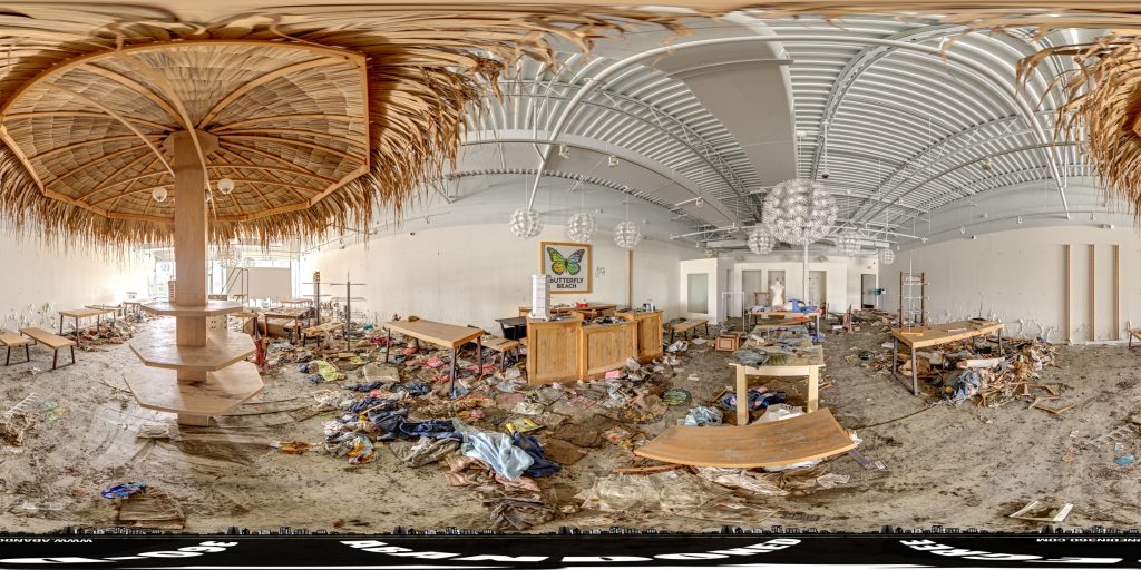 A 360-degree panoramic image captured inside the abandoned Butterfly Beach Outlet Store in Iona, Florida. Image by the Abandonedin360.com Team