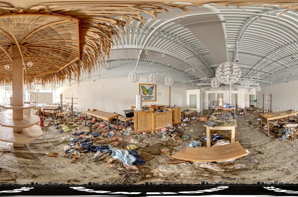 A 360-degree panoramic image captured inside the abandoned Butterfly Beach Outlet Store in Iona, Florida. Image by the Abandonedin360.com Team