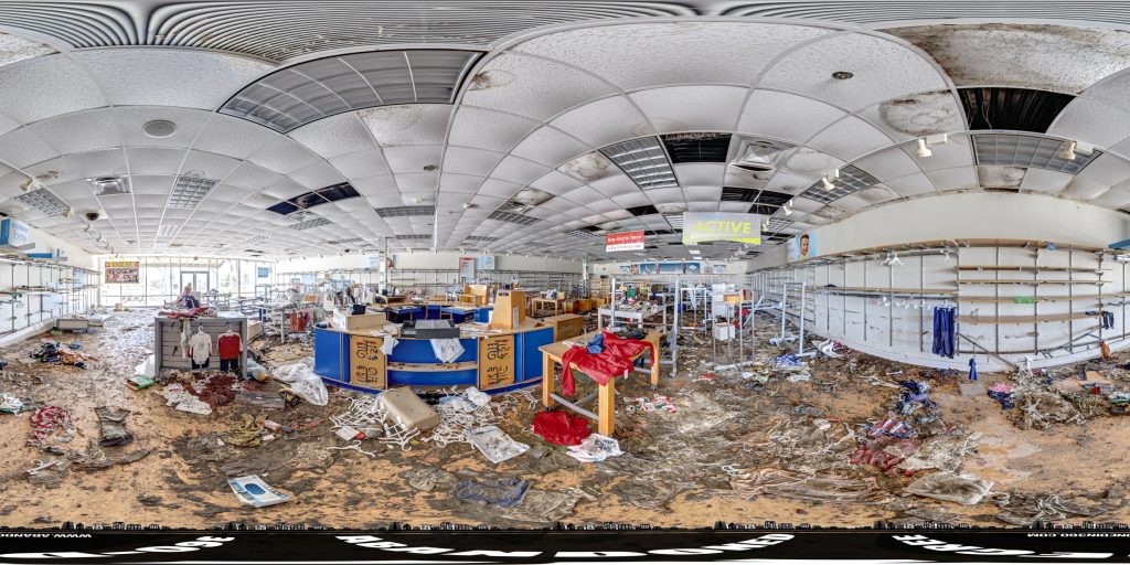 A 360-degree panoramic image captured inside the abandoned Carter's Outlet Store in Iona, Florida. Image by the Abandonedin360.com Team