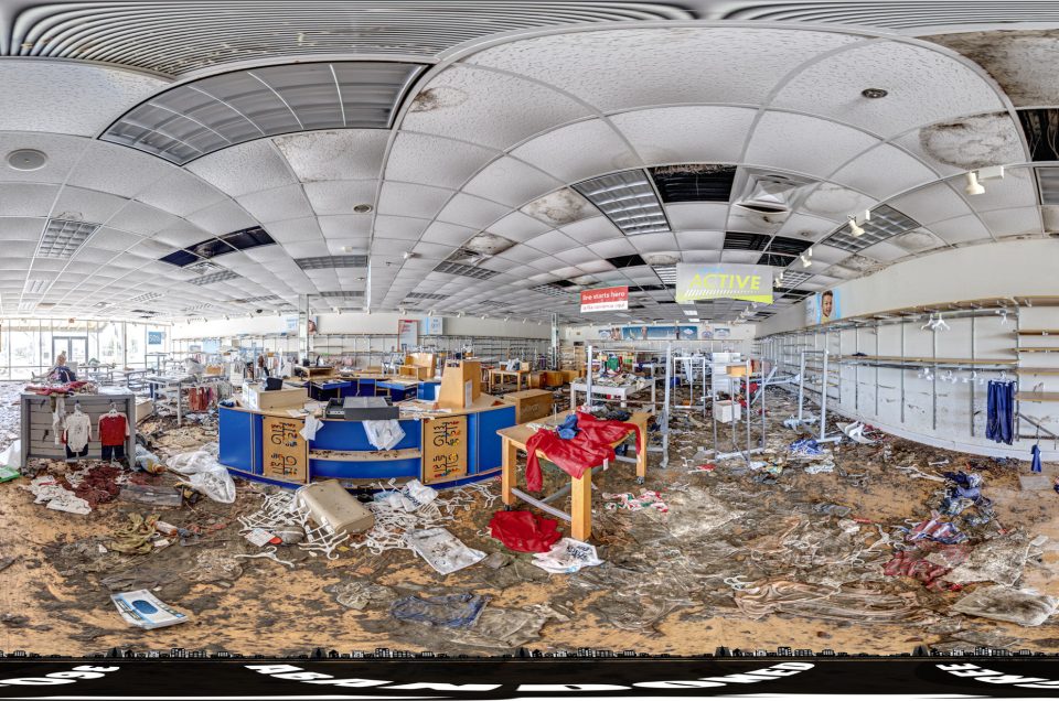 A 360-degree panoramic image captured inside the abandoned Carter's Outlet Store in Iona, Florida. Image by the Abandonedin360.com Team