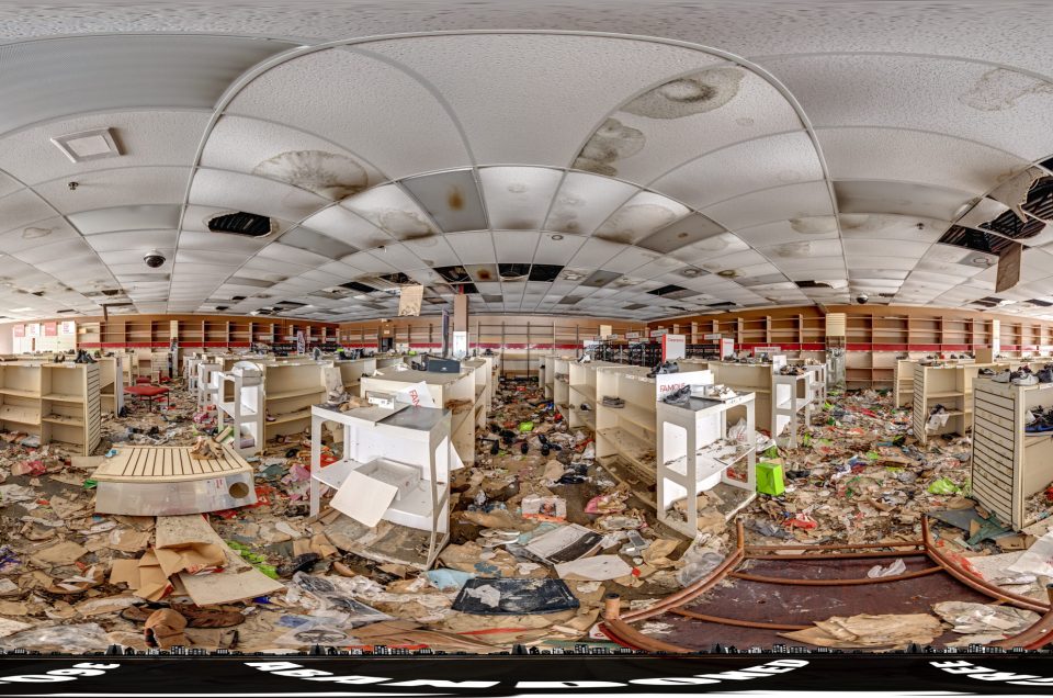 A 360-degree panoramic image captured inside the abandoned Famous Footwear Outlet Store in Iona, Florida. Image by the Abandonedin360.com Team