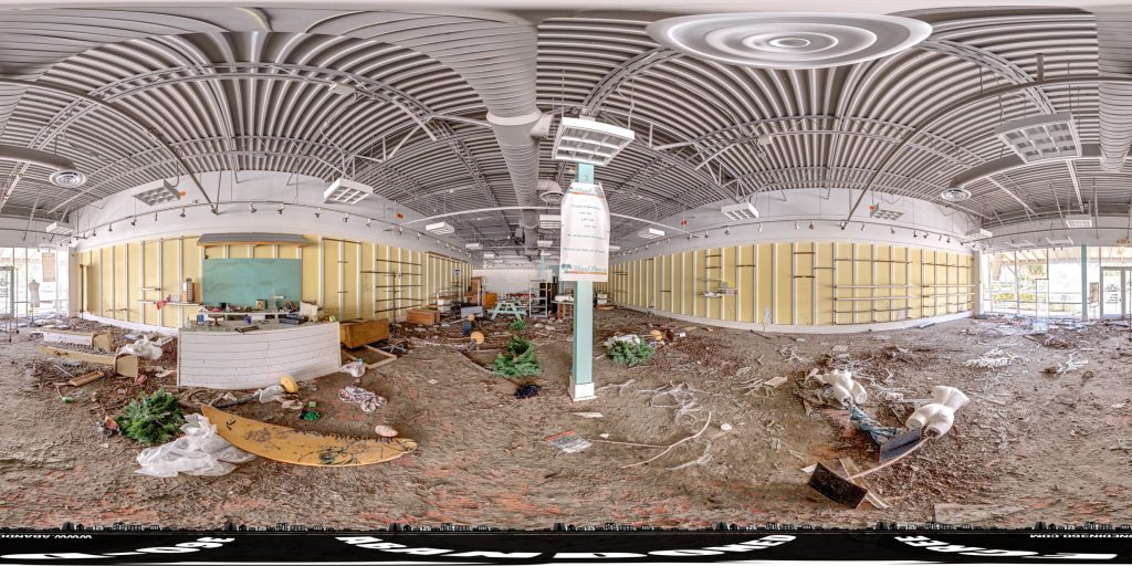 A 360-degree panoramic image captured inside the abandoned Island Breeze Outlet Store in Iona, Florida. Image by the Abandonedin360.com Team