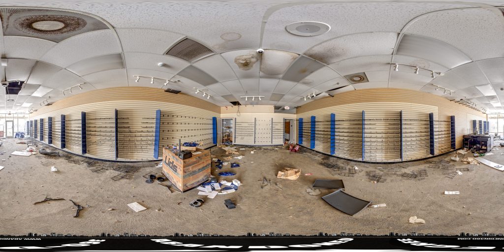 A 360-degree panoramic image captured inside the abandoned Lids Outlet Store in Iona, Florida. Image by the Abandonedin360.com Team