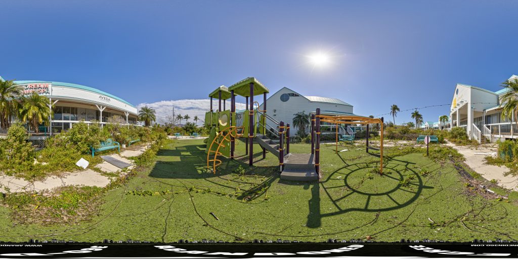 A 360-degree panoramic image captured at the abandoned Sanibel Outlet Mall in Iona, Florida.