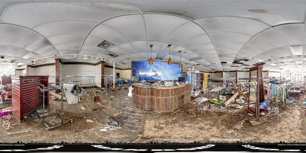 A 360-degree panoramic image captured inside the abandoned Swim Mart Outlet Store in Iona, Florida. Image by the Abandonedin360.com Team
