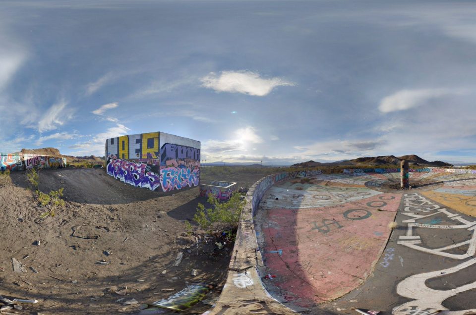 A 360-degree panoramic image captured at the abandoned Three Kids Mine in Henderson, Nevada. Image by: Yoel Falkowitz