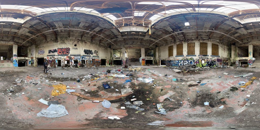 A 360-degree panoramic image inside the abandoned Central Falls Commuter Rail Station in Pawtucket, Rhode Island. Image by: Ethan