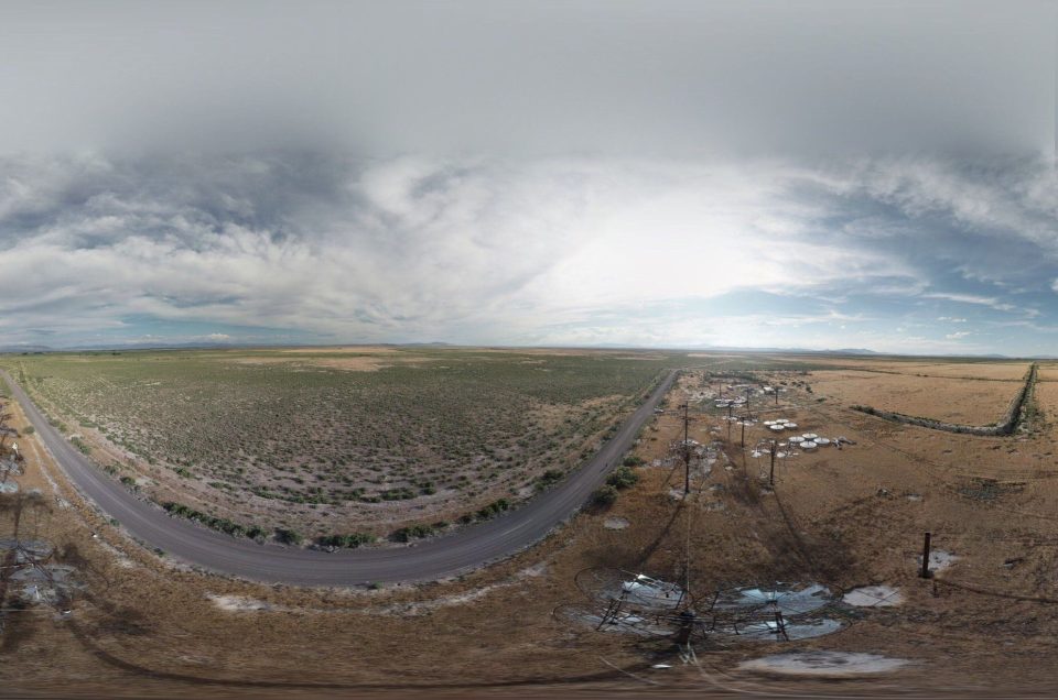 An aerial 360-degree panoramic image captured above the abandoned Delta Solar R&D Site in Hinckley, Utah. Image by: Devon Dewey