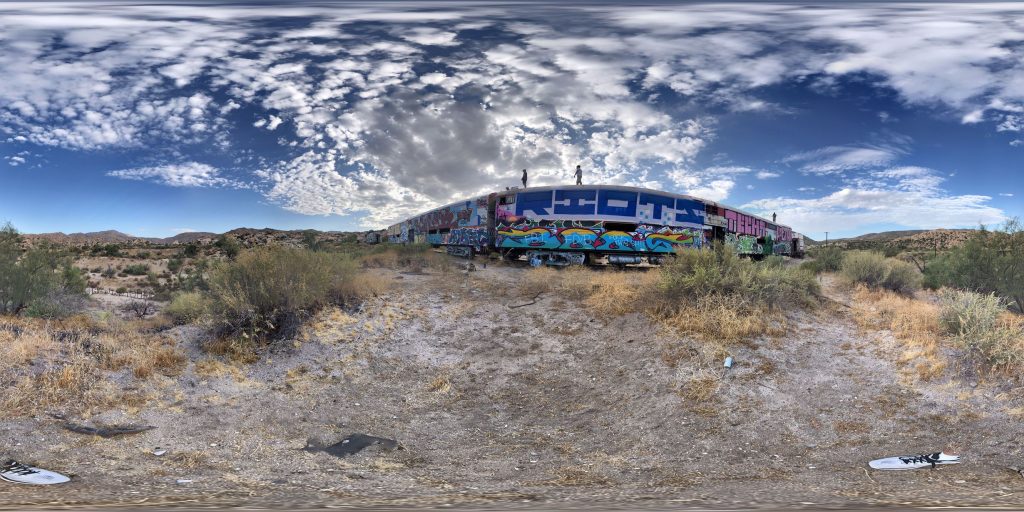A 360-degree panoramic image captured at the Goat Canyon Rail Cars near the Goat Canyon Trestle Trailhead in California. Image by: Joey Babcock