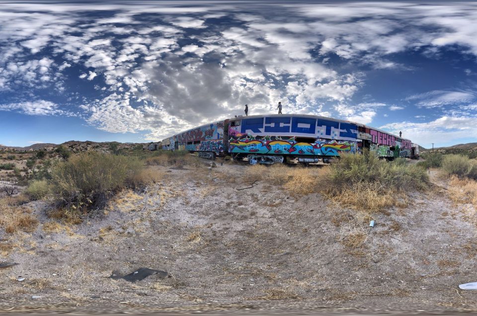 A 360-degree panoramic image captured at the Goat Canyon Rail Cars near the Goat Canyon Trestle Trailhead in California. Image by: Joey Babcock