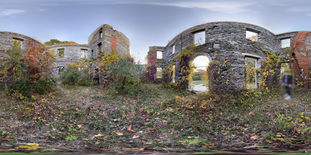 A 360-degree panoramic image captured inside the abandoned Goddard Mansion in Cape Elizabeth, Maine. Image by: Ethan