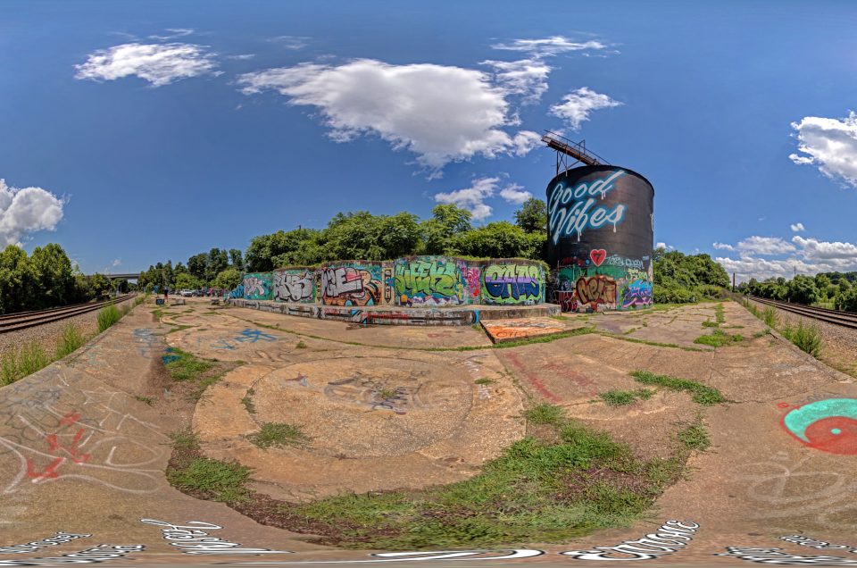 A 360-degree panoramic image captured at the Good Vibes Silo in Asheville, North Carolina. Image by: Jason Perrone