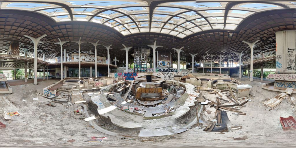 A 360-degree panoramic image captured in the lobby area of the abandoned Haludovo Palace Hotel on the Croatian Island of Krk. Image by: Markus Sackl