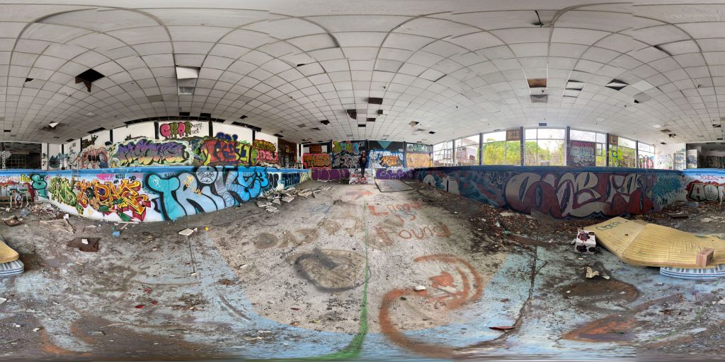 A 360-degree panoramic image in the pool area of the abandoned Homowack Lodge in New York. Image by: Ethan