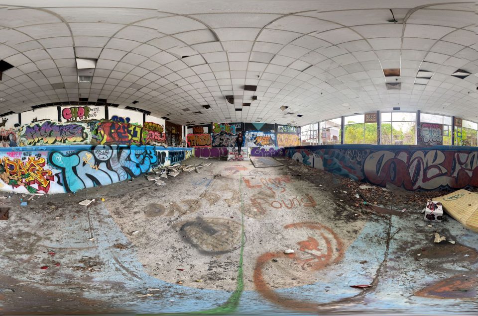A 360-degree panoramic image in the pool area of the abandoned Homowack Lodge in New York. Image by: Ethan
