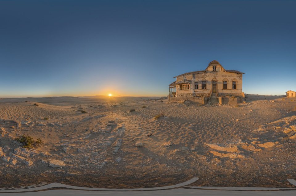 A 360-degree panoramic image captured at twilight at the Kolmanskop ghost town in Namibia, Africa. Images by: Heiko von Fintel, eyeonlocation
