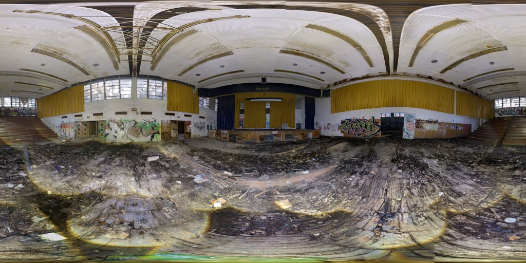 A 360-degree panoramic image inside the abandoned Pulaski Middle School in Chester, PA. Image by: Ethan