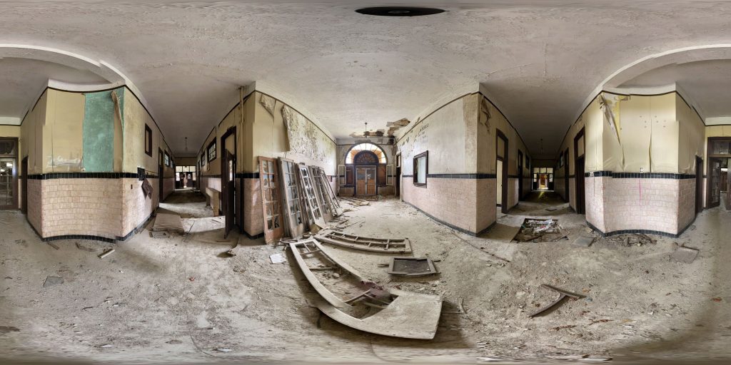 A 360-degree panoramic image captured inside the abandoned Salesian School that was located in Goshen, New York. Image by: Ethan