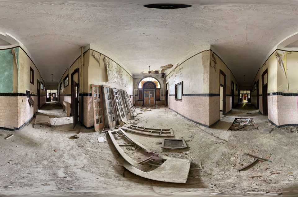 A 360-degree panoramic image captured inside the abandoned Salesian School that was located in Goshen, New York. Image by: Ethan