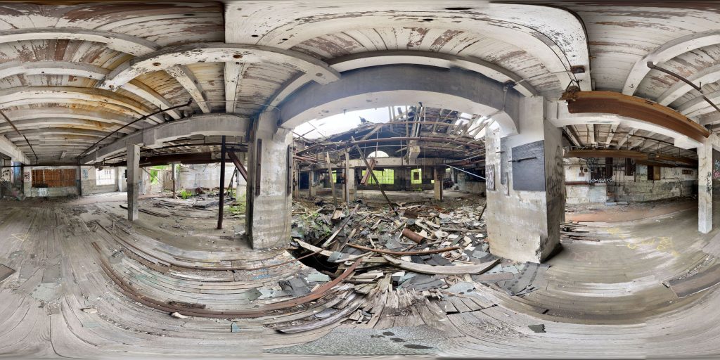 A 360-degree panoramic image inside the abandoned Gingerbread Castle in Hamburg, New Jersey. Image by: Ethan