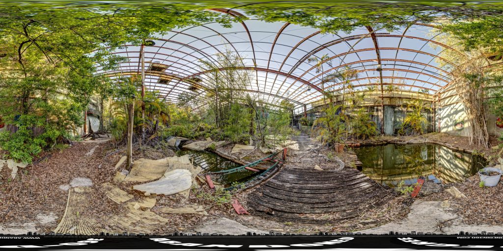 A 360-degree panoramic image inside the abandoned World of Orchids in Kissimmee, Florida.