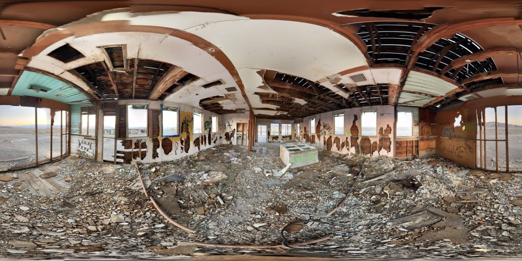 A 360-degree panoramic image captured inside one of the many abandoned buildings in Coaldale, Nevada. Image by: Alexander Restucci