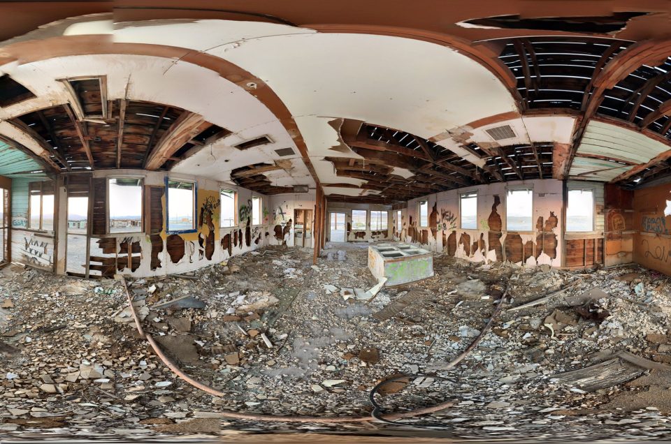 A 360-degree panoramic image captured inside one of the many abandoned buildings in Coaldale, Nevada. Image by: Alexander Restucci